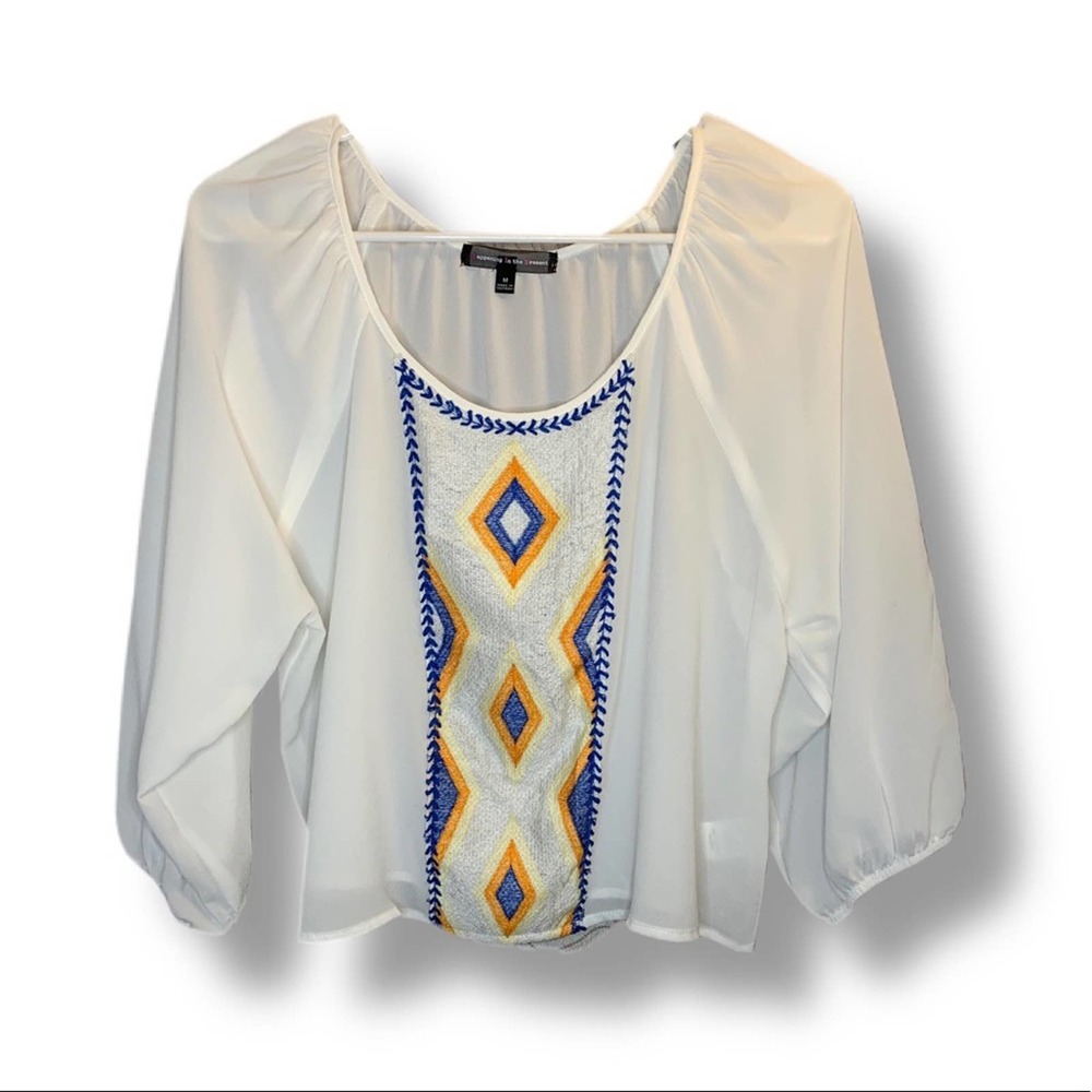 BOHO Creamy white sheer cropped mixed media blouse -m
